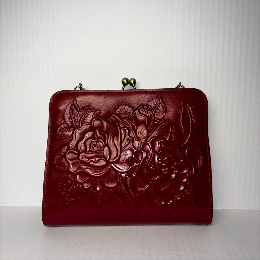 Patricia Nash Red Evangeline Frame Tooled Leather Top Handle Cross Body Clutch